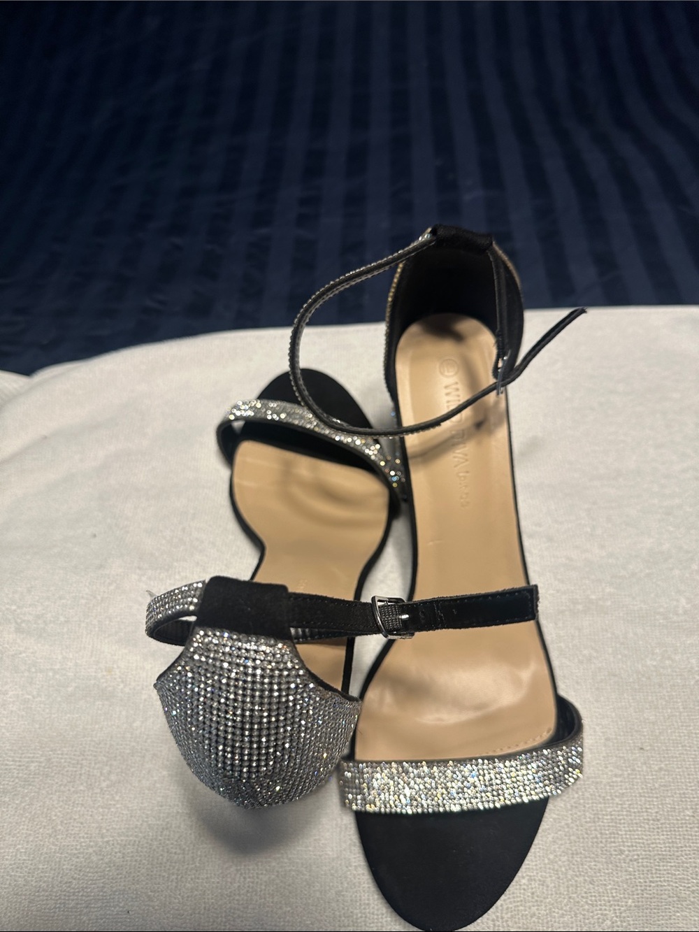 Wild Diva Black Sandals with Silver Rhinestone Straps